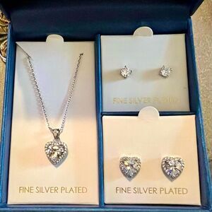 NIB Silver plated faux diamond pendant, necklace, and earring set~ moissanite CZ